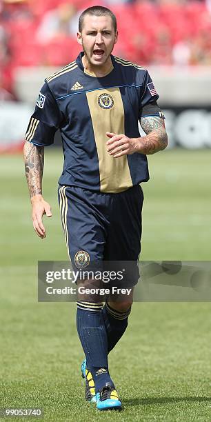 Danny Califf of the Philadelphia Union yells against Real Salt Lake during an MLS soccer game on May 8, 2010 at Rio Tinto Stadium in Sandy, Utah.