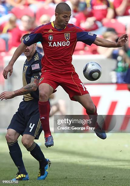 Paublo Campos of Real Salt Lake knocks the ball down against the Philadelphia Union during an MLS soccer game on May 8, 2010 at Rio Tinto Stadium in...