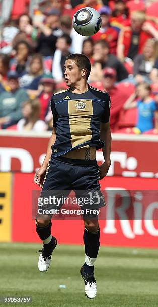 Kyle Nakazawa of the Philadelphia Union heads the ball against Real Salt Lake during an MLS soccer game on May 8, 2010 at Rio Tinto Stadium in Sandy,...