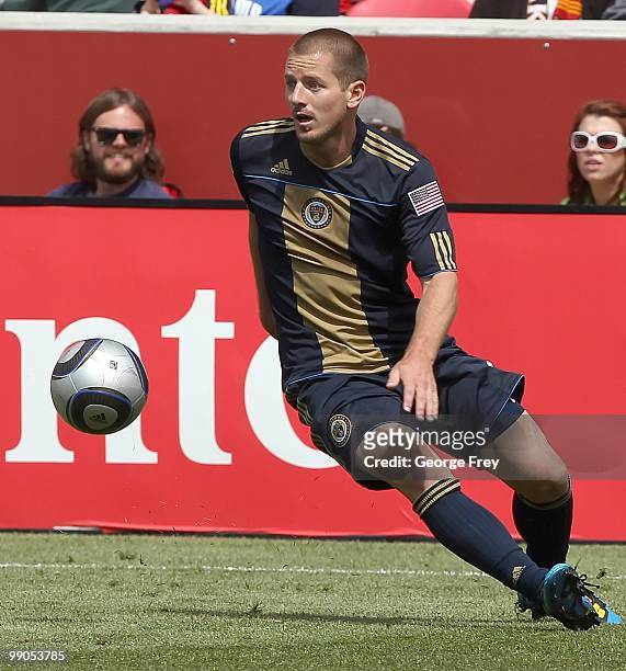 Jordan Harvey of the Philadelphia Union brings the ball down field against Real Salt Lake during an MLS soccer game on May 8, 2010 at Rio Tinto...
