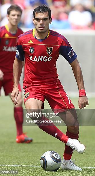 Paublo Campos of Real Salt Lake brings the ball down field against the Philadelphia Union during an MLS soccer game on May 8, 2010 at Rio Tinto...