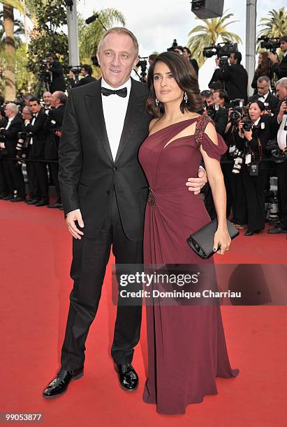 Actress Salma Hayek and husband François-Henri Pinault attend the Opening Night Premiere of 'Robin Hood' at the Palais des Festivals during the 63rd...