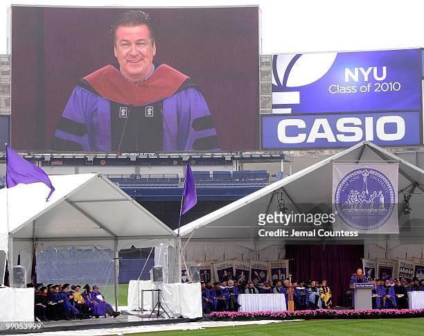 Actor Alec Baldwin speaks during the 2010 New York University Commencement at Yankee Stadium on May 12, 2010 in the Bronx Borough of New York City.