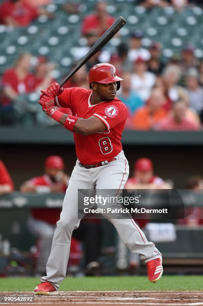 Justin Upton of the Los Angeles Angels of Anaheim bats against the Baltimore Orioles in the first inning at Oriole Park at Camden Yards on June 29,...
