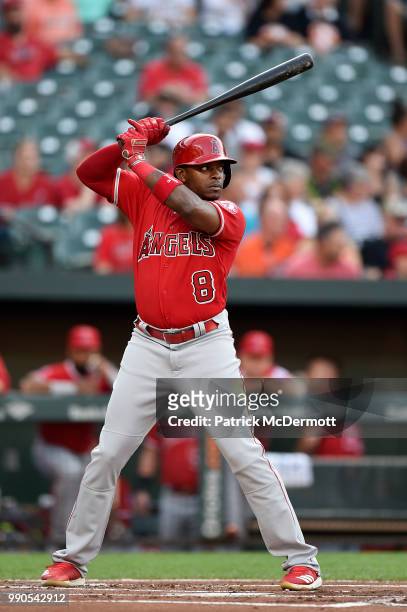 Justin Upton of the Los Angeles Angels of Anaheim bats against the Baltimore Orioles in the first inning at Oriole Park at Camden Yards on June 29,...