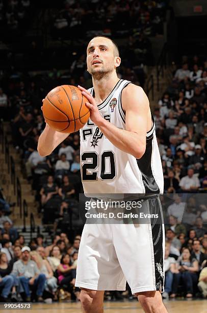 Manu Ginobili of the San Antonio Spurs looks to make a free throw against the New York Knicks during the game on March 10, 2010 at the AT&T Center in...