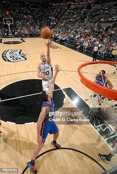 Manu Ginobili of the San Antonio Spurs puts a shot up against the New York Knicks during the game on March 10, 2010 at the AT&T Center in San...