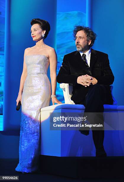 Mistress of Ceremony actress Kristin Scott Thomas and Jury President Tim Burton attends the 'Robin Hood' Premiere at the Palais De Festivals during...