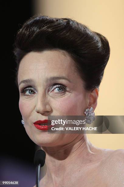 British actress Kristin Scott Thomas hosts the opening ceremony of the 63rd Cannes Film Festival on May 12, 2010 in Cannes. AFP PHOTO / VALERY HACHE