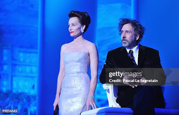 Mistress of Ceremony actress Kristin Scott Thomas and Jury President Tim Burton attends the 'Robin Hood' Premiere at the Palais De Festivals during...