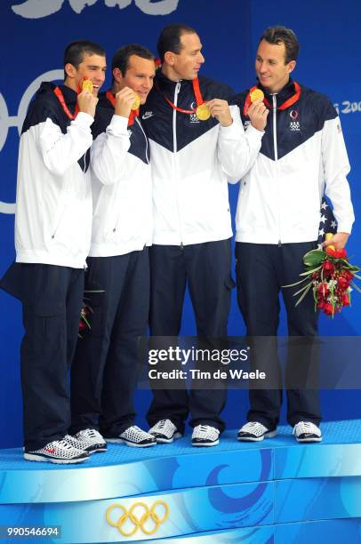 Swimmingpodium, Team Usa , Phelps Michael , Hansen Brendan , Peirsol Aaron , Lezak Jason , Gold Medal, Celebration Joie Vreugde /Men 4 X 100 M Medley...