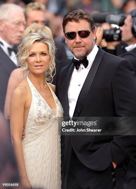 Danielle Spencer and actor Russell Crowe attend the Opening Night Premiere of 'Robin Hood' at the Palais des Festivals during the 63rd Annual...