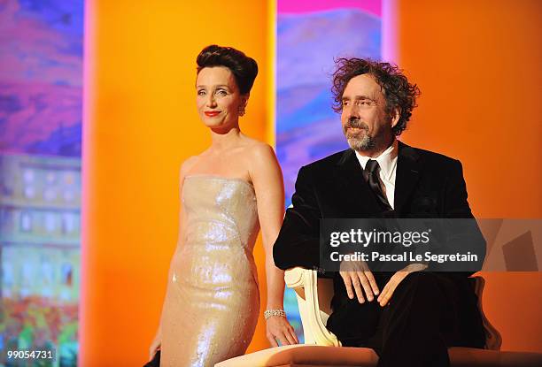 Mistress of ceremony Kristin Scott Thomas and Jury President Tim Burton attends the 'Robin Hood' Premiere at the Palais De Festivals during the 63rd...