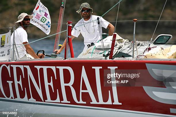 French skippers Yann Eliès and Jérémie Beyou wave on their "Generali Europ Assistance" monohull upon their arrival at the end of the transat AG2R La...