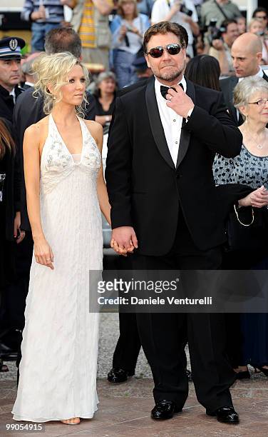 Danielle Spencer and actor Russell Crowe attend the Opening Night Premiere of 'Robin Hood' at the Palais des Festivals during the 63rd Annual...