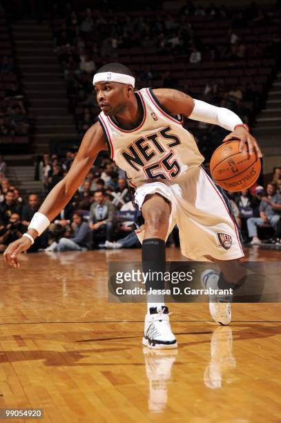 Keyon Dooling of the New Jersey Nets dribbles the ball against the Sacramento Kings during the game at the IZOD Center on March 24, 2010 in East...