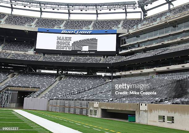 View of one of the large screens at the New York Giants and Jets send-off ceremony for the 2014 Super Bowl Bid at New Meadowlands Stadium on May 12,...