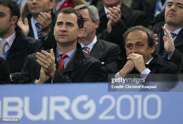 Prince Felipe of Spain and UEFA president Michel Platini are pictured ahead of the UEFA Europa League final match between Atletico Madrid and Fulham...