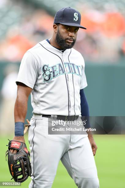 Denard Span of the Seattle Mariners looks on before a baseball game against the Baltimore Orioles at Oriole Park at Camden Yards on June 25, 2018 in...