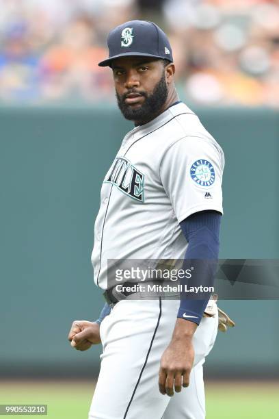 Denard Span of the Seattle Mariners looks on before a baseball game against the Baltimore Orioles at Oriole Park at Camden Yards on June 25, 2018 in...