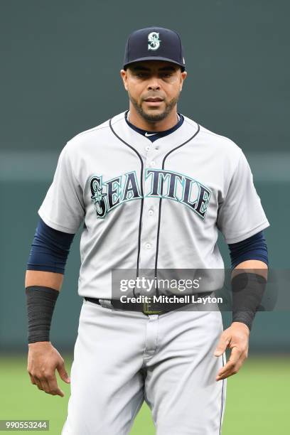 Nelson Cruz of the Seattle Mariners looks on before a baseball game against the Baltimore Orioles at Oriole Park at Camden Yards on June 25, 2018 in...