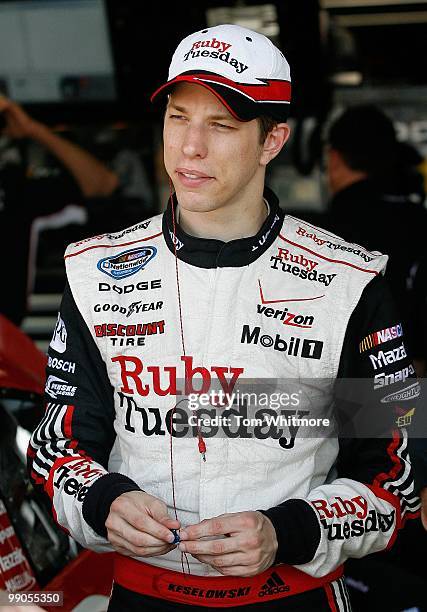 Brad Keselowski, driver of the Penske Dodge, waits in the garage during practice for the NASCAR Sprint Cup Series SHOWTIME Southern 500 at Darlington...