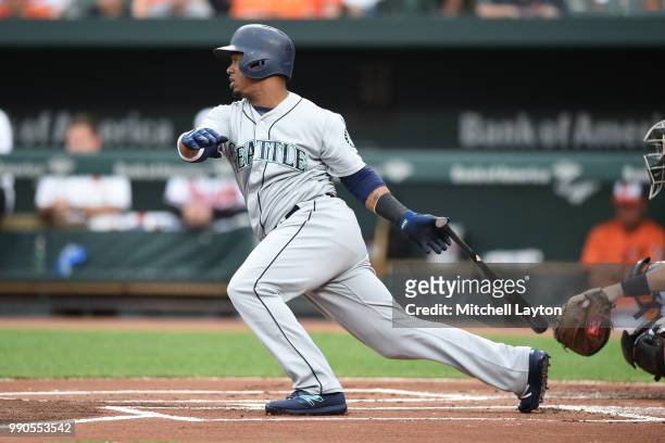 Jean Segura of the Seattle Mariners takes a swing during a baseball game against the Baltimore Orioles at Oriole Park at Camden Yards on June 25,...