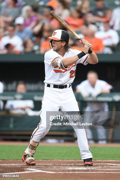 Colby Rasmus of the Baltimore Orioles prepares for a pitch during a baseball game against the Seattle Mariners at Oriole Park at Camden Yards on June...