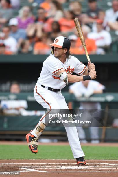 Colby Rasmus of the Baltimore Orioles prepares for a pitch during a baseball game against the Seattle Mariners at Oriole Park at Camden Yards on June...