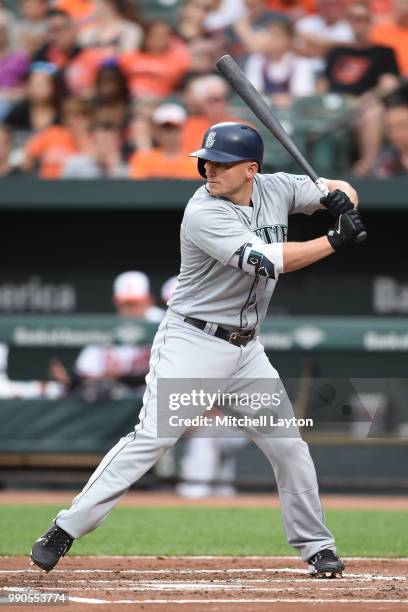Kyle Seager of the Seattle Mariners prepares for a pitch during a baseball game against the Baltimore Orioles at Oriole Park at Camden Yards on June...
