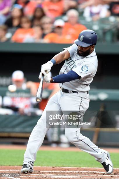 Denard Span of the Seattle Mariners takes a swing during a baseball game against the Baltimore Orioles at Oriole Park at Camden Yards on June 25,...