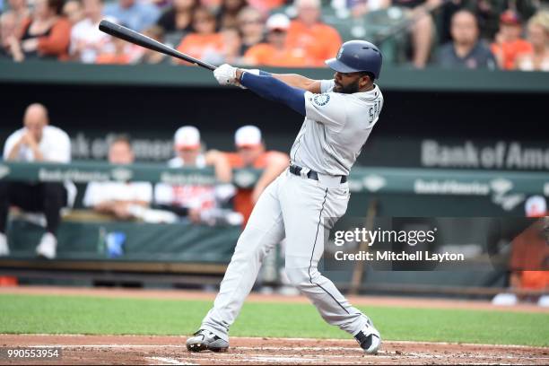 Denard Span of the Seattle Mariners takes a swing during a baseball game against the Baltimore Orioles at Oriole Park at Camden Yards on June 25,...