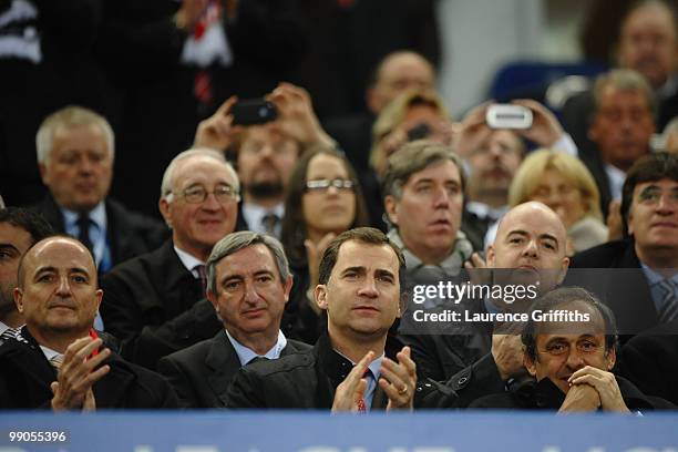 Spanish Prince Felipe and UEFA president Michel Platini look on ahead of the UEFA Europa League final match between Atletico Madrid and Fulham at HSH...