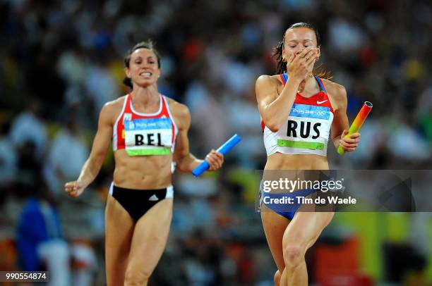 Athletics Chermoshanskaya Yuliya , Gevaert Kim , Celebration Joie Vreugde, Women 4 X 100 Women Relay Final, Athletisme Atletiek, National Stadium...