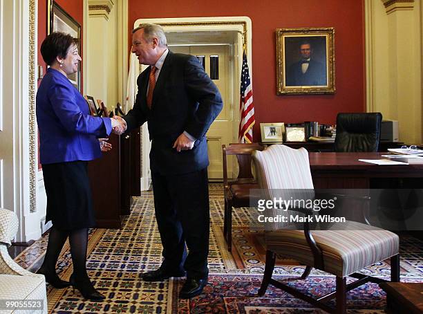 Supreme Court nominee, Solicitor General Elena Kagan is greeted by Senate Majority Whip Sen. Richard Durbin while meeting with Senators on Capitol...