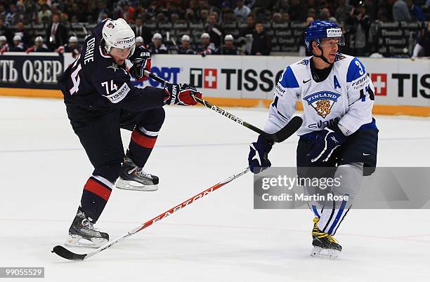 Petteri Nummelin of Finland tries to block the shot of TJ Oshie of USA during the IIHF World Championship group A match between Finland and USA at...