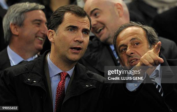 President Michel Platini speaks with Spain's Prince Felipe ahead of the final football match of the UEFA Europa League Fulham FC vs Aletico Madrid in...