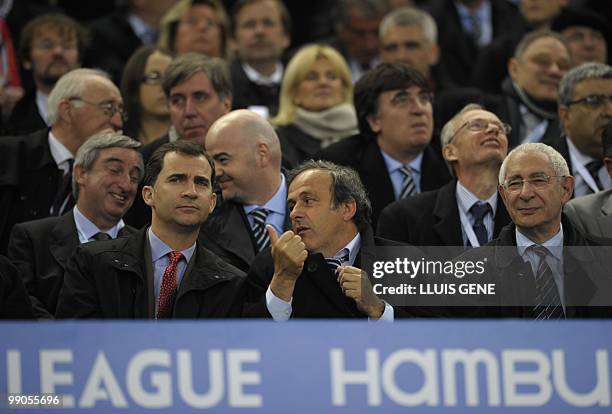 President Michel Platini speaks with Spain's Prince Felipe ahead of the final football match of the UEFA Europa League Fulham FC vs Aletico Madrid in...