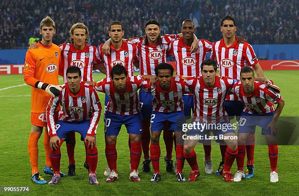 Atletico Madrid players line up prior to the UEFA Europa League final match between Atletico Madrid and Fulham at HSH Nordbank Arena on May 11, 2010...