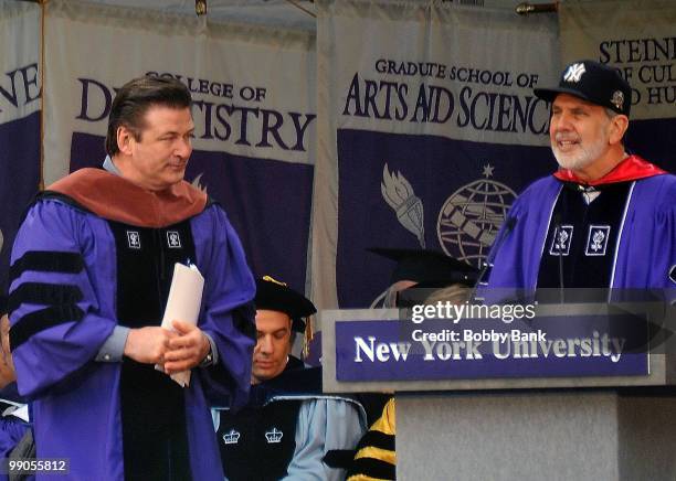 Actor Alec Baldwin and New York University president, John Sexton speak at the 2010 New York University Commencement ceremony at Yankee Stadium on...