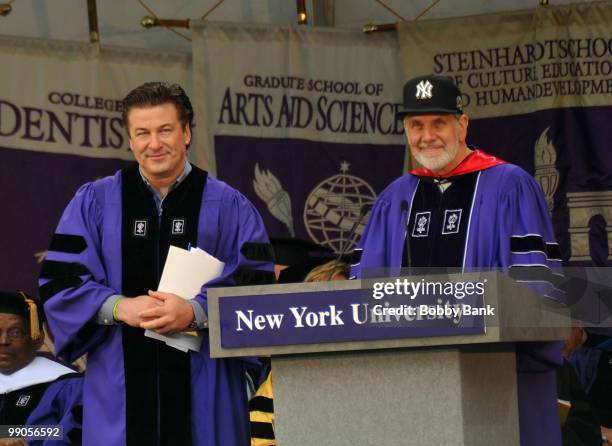 Actor Alec Baldwin and New York University president, John Sexton attend the 2010 New York University Commencement ceremony at Yankee Stadium on May...