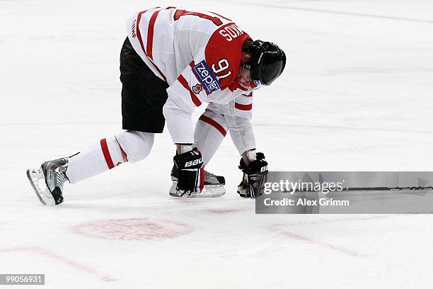 Steve Stamkos of Canada reacts after a check during the IIHF World Championship group C match between Canada and Switzerland at SAP Arena on May 12,...