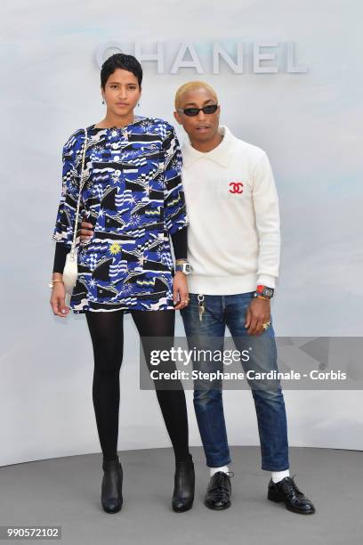 Pharrell Williams and Helen Lasichanh attends the Chanel Haute Couture Fall/Winter 2018-2019 show as part of Haute Couture Paris Fashion Week on July...