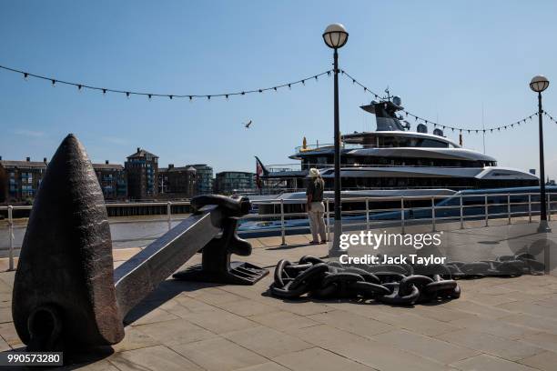 Aviva, a luxury yacht belonging to billionaire Tottenham Hotspur owner Joe Lewis, is pictured moored by Butler's Wharf on July 3, 2018 in London,...