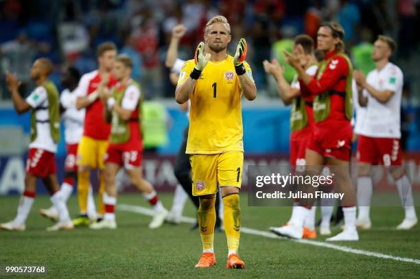 Kasper Schmeichel of Denmark reacts during the 2018 FIFA World Cup Russia Round of 16 match between Croatia and Denmark at Nizhny Novgorod Stadium on...