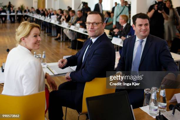 German Minister of Work and Social Issues Hubertus Heil , German Family Minister Franziska Giffey , and German Health Minister Jens Spahn arrive for...