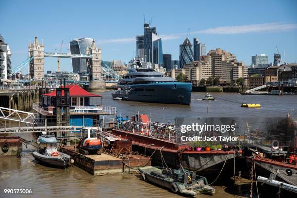 Aviva, a luxury yacht belonging to billionaire Tottenham Hotspur owner Joe Lewis, is pictured moored by Butler's Wharf on July 3, 2018 in London,...