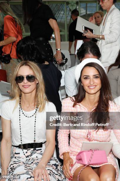 Vanessa Paradis and Penelope Cruz attend the Chanel Haute Couture Fall Winter 2018/2019 show as part of Paris Fashion Week on July 3, 2018 in Paris,...