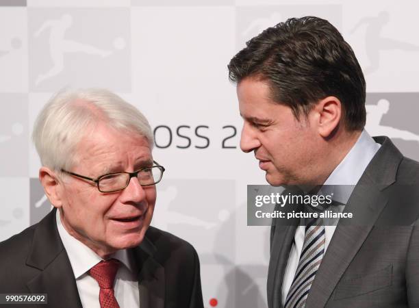 German Football League president Reinhard Rauball greets Christian Seifert, chairman of the executive board of the DFL at the German Football League...