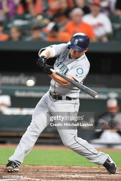 Kyle Seager of the Seattle Mariners bats during a baseball game against the Baltimore Orioles at Oriole Park at Camden Yards on June 25, 2018 in...